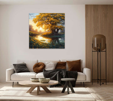 A Vibrant Acrylic Color Print of Sunrise by the Riverside with a Majestic Old Tree in Full Bloom