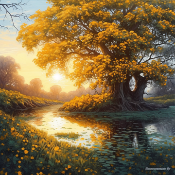 A Vibrant Acrylic Color Print of Sunrise by the Riverside with a Majestic Old Tree in Full Bloom