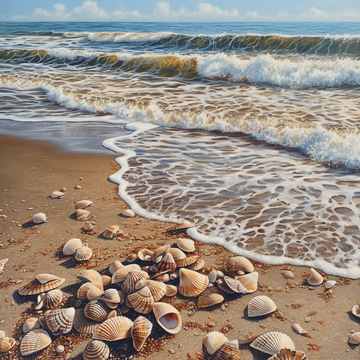 A Hyperrealistic Acrylic Color Painting Print of a Seashore, Adorned with Real Shells and Sand