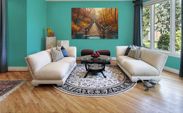 Nature's Gateway: Hyperrealistic Acrylic Color Print of a Wooden Bridge Connecting Two Forests Above a Serene River