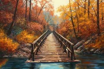 Nature's Gateway: Hyperrealistic Acrylic Color Print of a Wooden Bridge Connecting Two Forests Above a Serene River