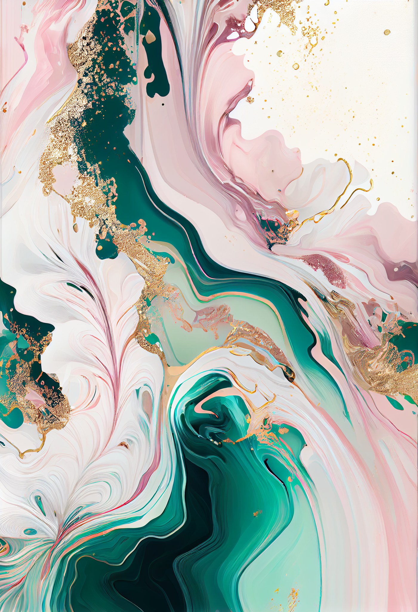Fluid Harmony: A Mesmerizing Acrylic Color Print with Pink, Teal, and Golden Sparkle