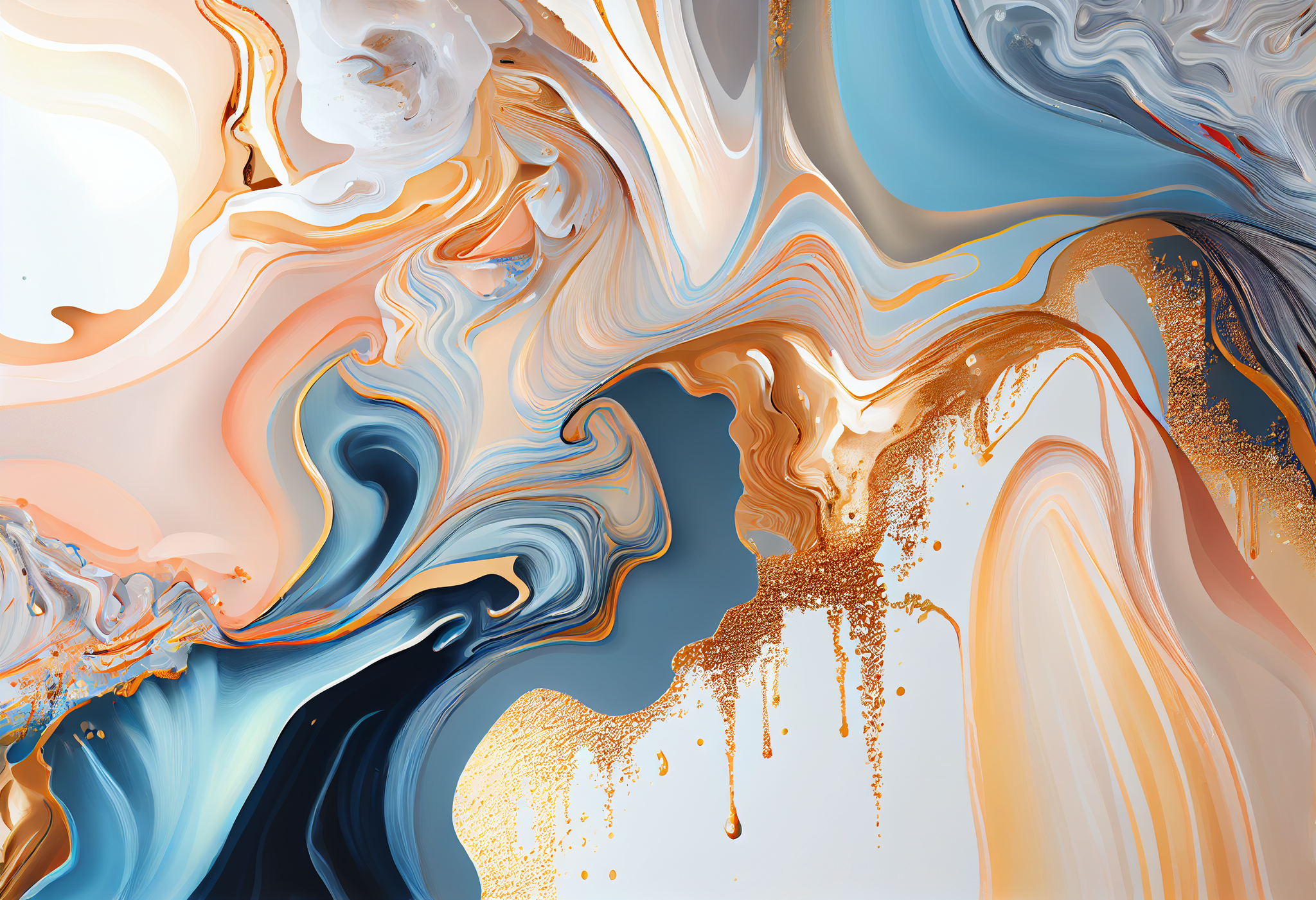 Golden Peach Serenity: A Stunning Acrylic Fluid Art Print in Blue and White with Glittering Gold Accents