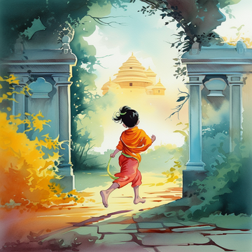 Krishna's Journey: A Scenic Acrylic Color Print of Little God Running towards the Temple Entrance