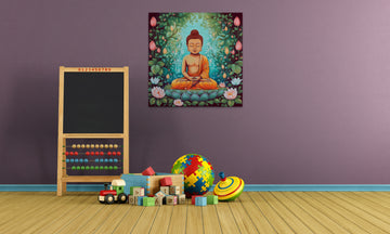 An Acrylic Color Print of Little Lord Buddha Meditating in a Blissful Floral Haven