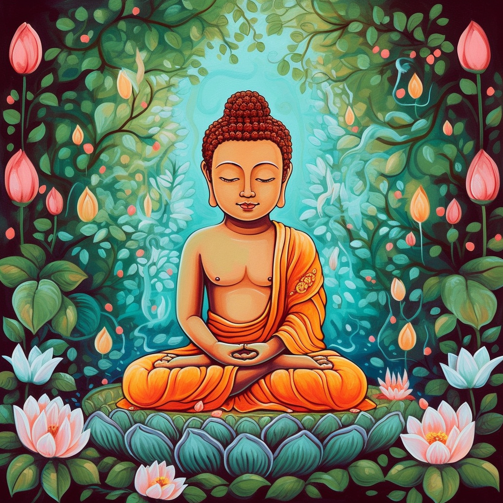 An Acrylic Color Print of Little Lord Buddha Meditating in a Blissful Floral Haven
