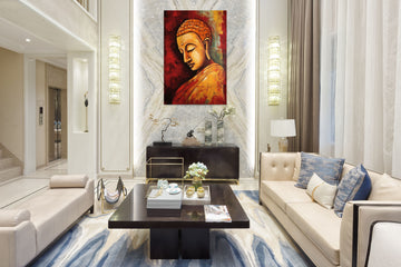 A Magnificent Acrylic Color Print of Lord Buddha, Wine and Mustard Hues of Enlightenment