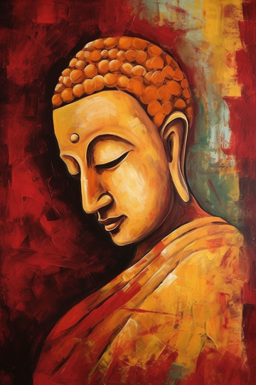A Magnificent Acrylic Color Print of Lord Buddha, Wine and Mustard Hues of Enlightenment
