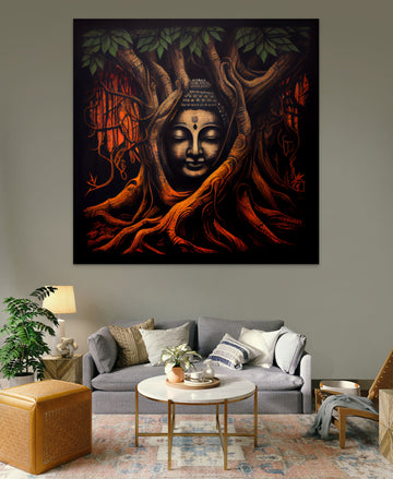 Serene Presence: Acrylic Color Print of Lord Buddha's Face Amidst an Old Tree's Branches
