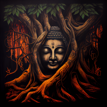 Serene Presence: Acrylic Color Print of Lord Buddha's Face Amidst an Old Tree's Branches