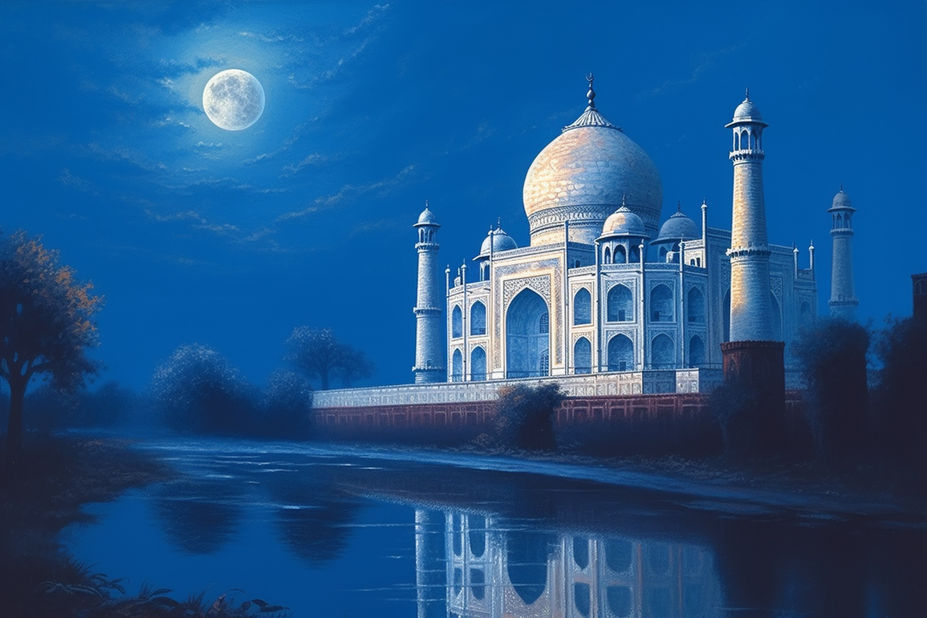 Midnight Majesty: Hyperrealistic Acrylic Color Painting Print of Taj Mahal in Moonlight