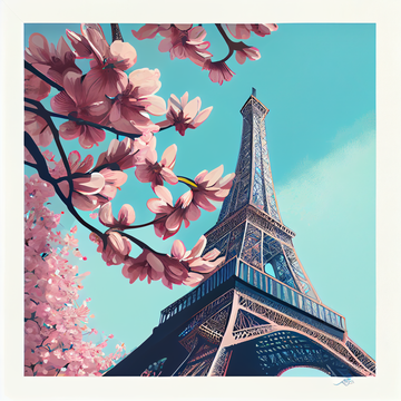 Eiffel Tower Cherry Blossom: Colorful Acrylic Color Print with Blue Sky Background