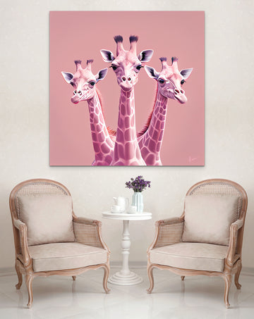 Goofy Giraffes: A Playful Trio in Acrylic Colors Print on a Dusty Pastel Pink Background