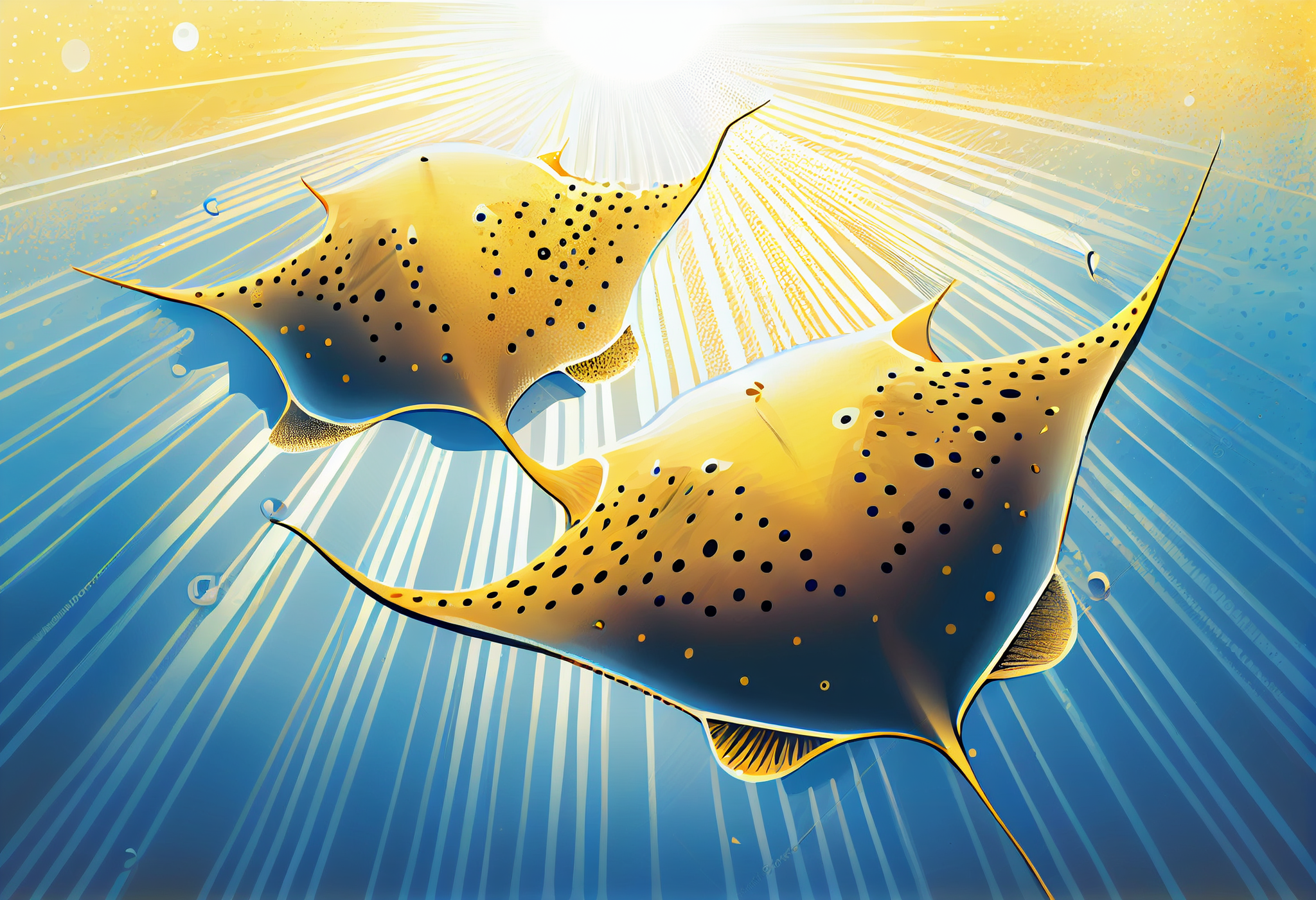 Golden Stingrays in Blue Ocean Print: Acrylic Color Print with Dotted Design and Warm Sunlight