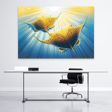 Golden Stingrays in Blue Ocean Print: Acrylic Color Print with Dotted Design and Warm Sunlight