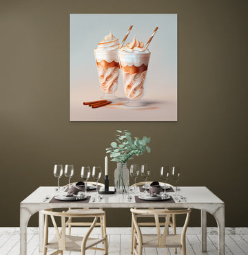 Latte Art: Acrylic Art Print of Two Whipped Cream Latte Cups with Cinnamon on Light Grey Background