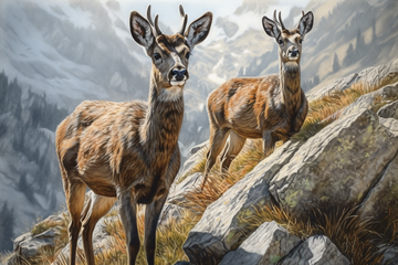 Wild Majesty: An Acrylic Color Print of Two Reindeer Roaming in the Snowy and Rocky Mountains