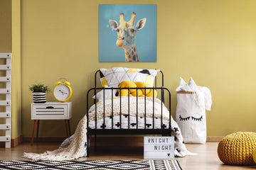 Giraffe Glam: A Sparkling Anime Portrait Print in Acrylic Colors on Dusty Pastel Blue Background