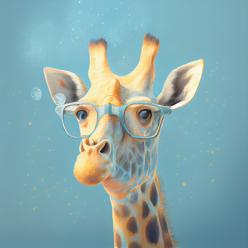 Giraffe Glam: A Sparkling Anime Portrait Print in Acrylic Colors on Dusty Pastel Blue Background