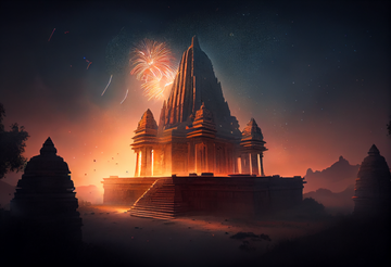 A Hyperrealistic Aerial View Print of an Indian Temple in a Serene Landscape with Fireworks in the Sky