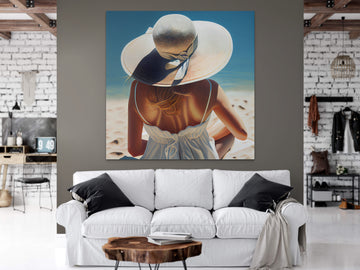 A Stunning Airbrush Art Print of a Woman in a White Dress Sunbathing in a Sun Hat