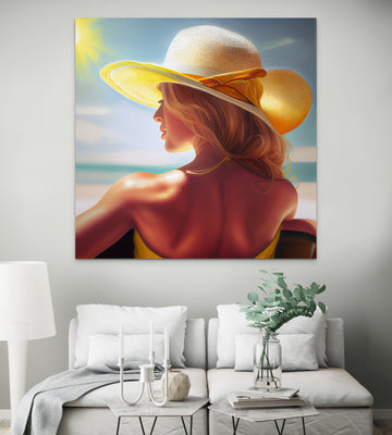 Print of Airbrushed Print: Woman in Sun Hat Sunbathing and Showing Side Profile