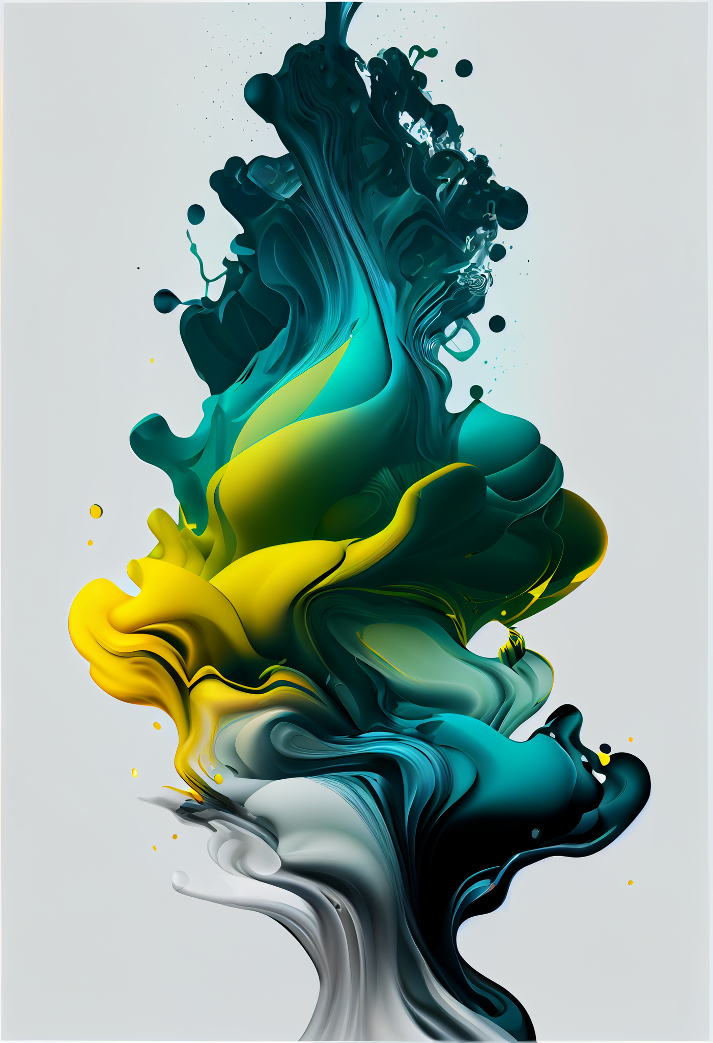 Teal Serenity: A Minimalistic Airbrush Fluid Print in Hues of Blue, Green, Yellow, Grey, and White