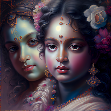 Divine Love: An Airbrush Print of Radha and Krishna