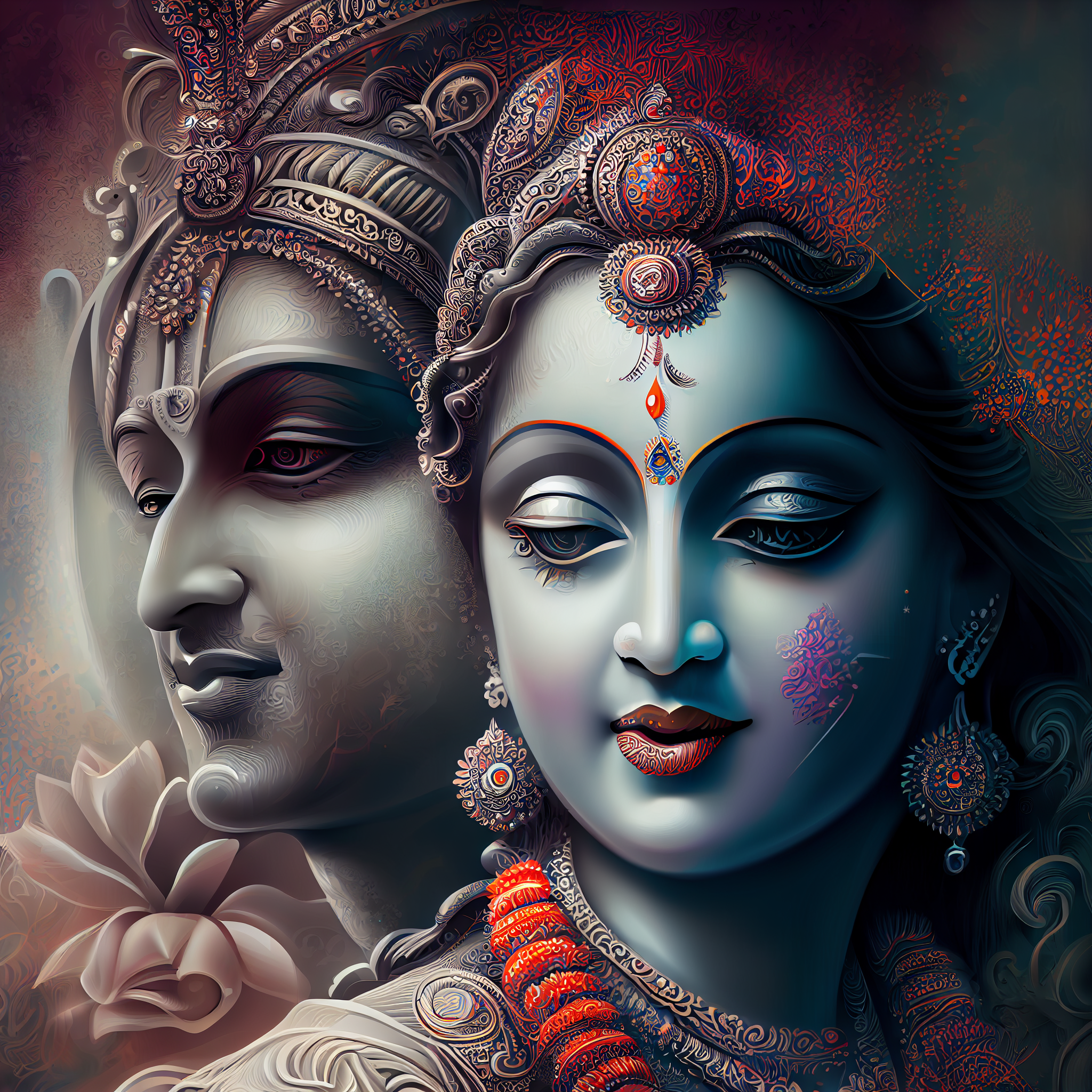 Sacred Love: An Airbrush Modern Art Print of Hindu God Radhe Krishna Amidst a Pastel Dreamscape