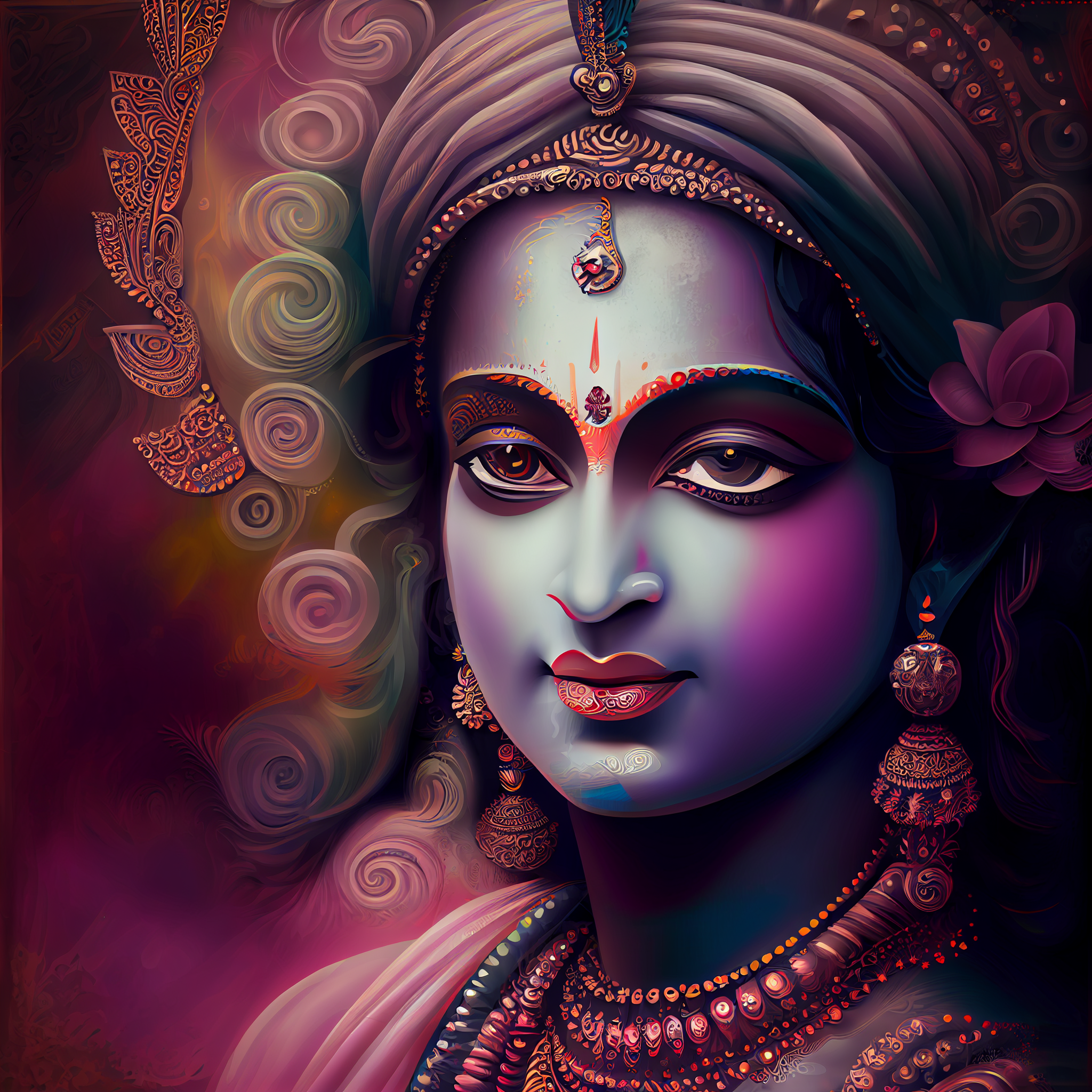 Radiant Spirit: An Airbrush Print of Hindu God Krishna's Divine Beauty