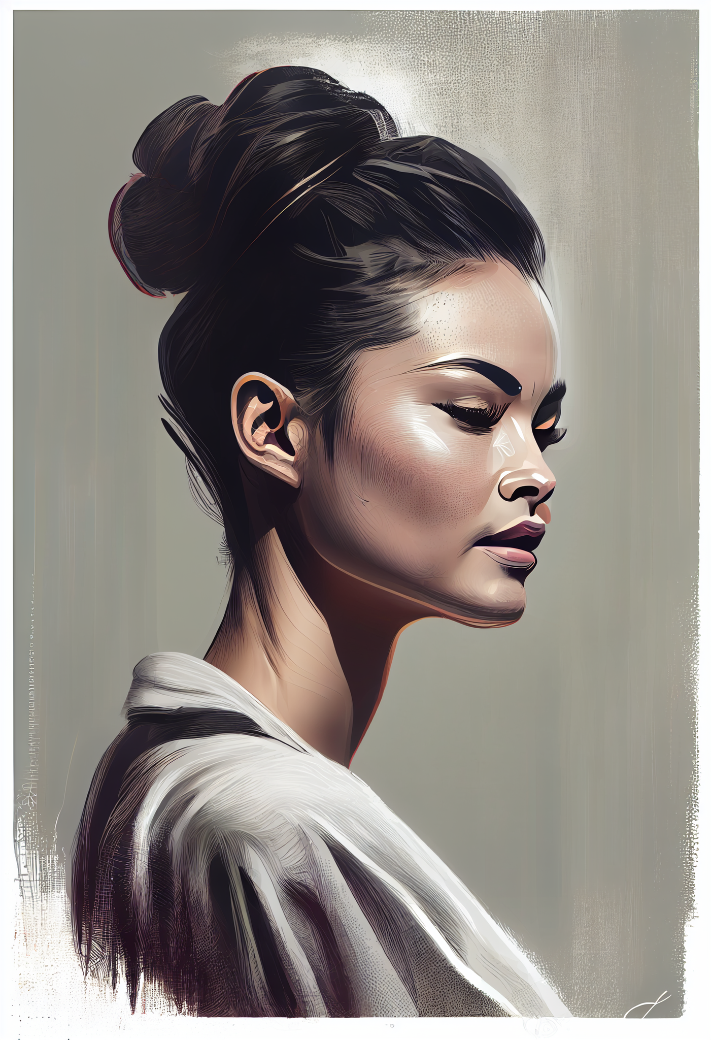 Dreamy Asian Beauty: Airbrush Print of a Model with a Top Hair Bun and Dramatic Eye Makeup on Linen-Look Grey Background