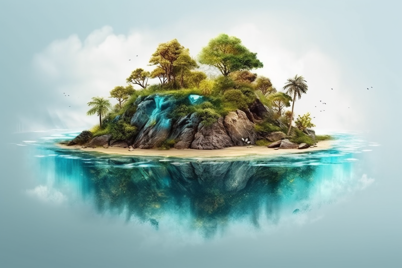 Tranquil Island Oasis: Airbrush Print of a Serene Coastal Landscape