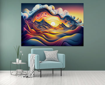 Fluid Sunrise: A Stunning Airbrushed Print of a Beautiful Sunrise with an Ethereal Fluid Art Pattern in the Background