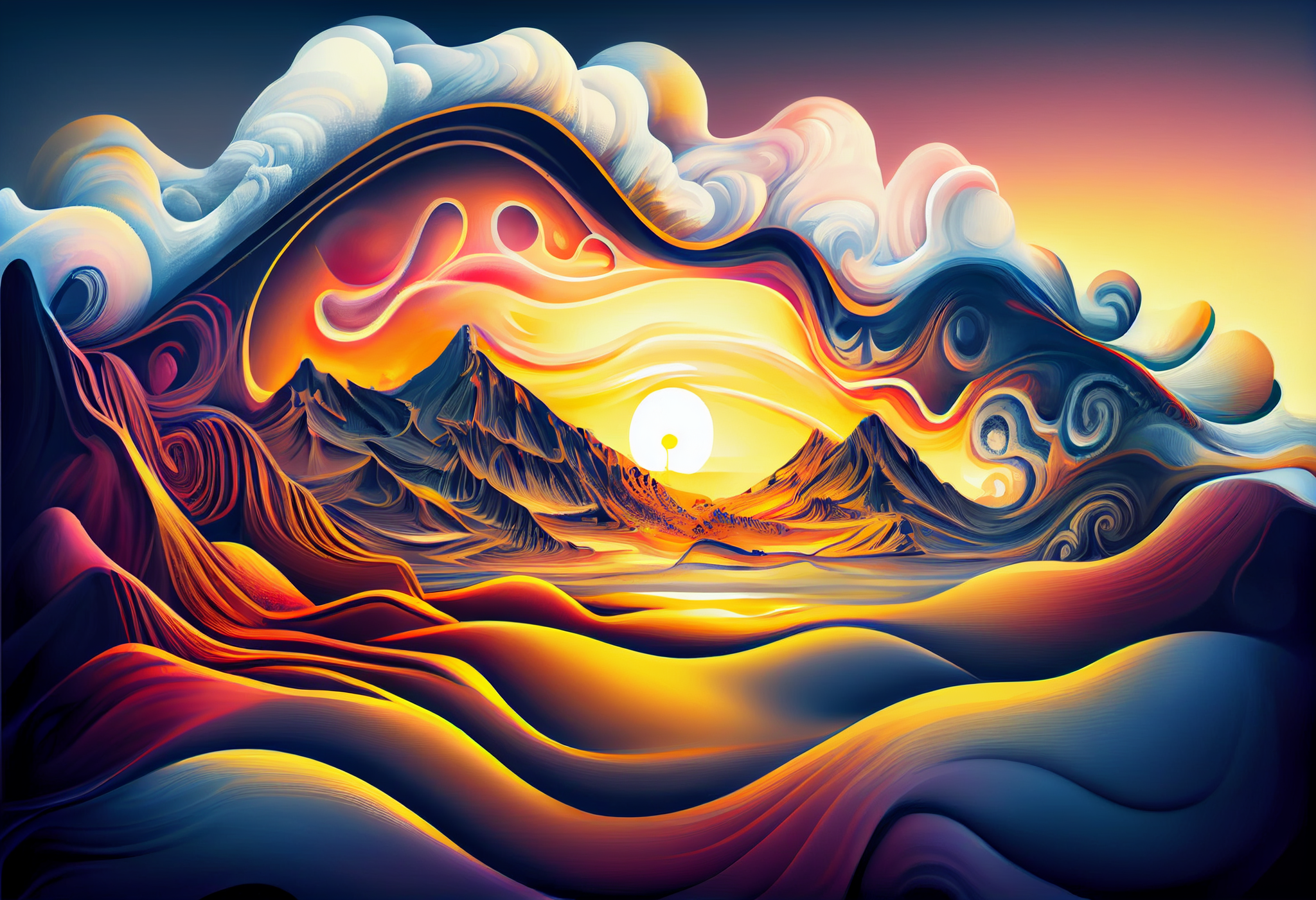 Fluid Sunrise: A Stunning Airbrushed Print of a Beautiful Sunrise with an Ethereal Fluid Art Pattern in the Background