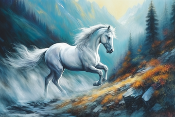A Stunning Airbrush Color Print of a Majestic White Horse Running through Mountainous Terrain