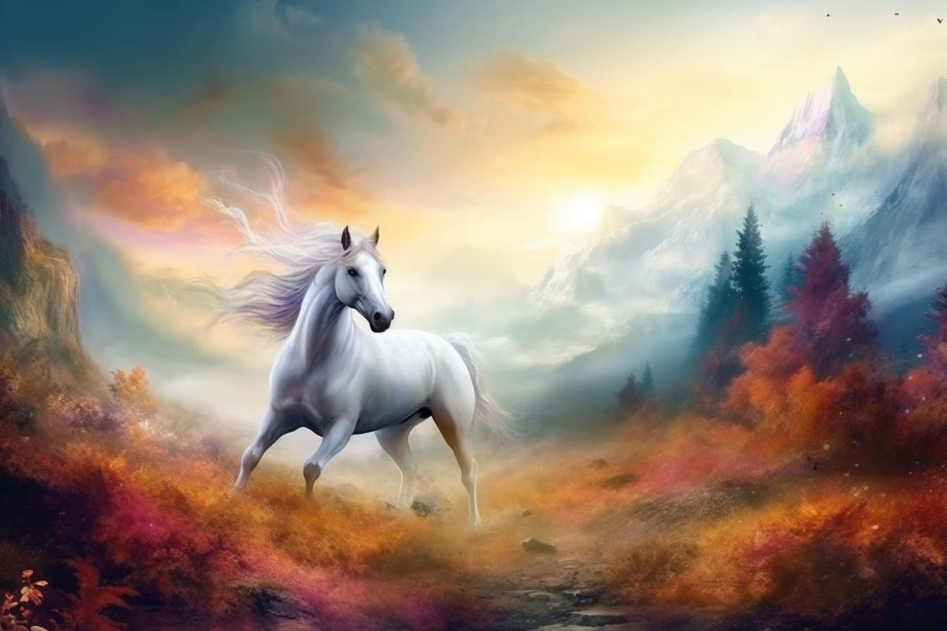 A Stunning Sunrise Scene of a Majestic Running Horse in Airbrushed Color Print