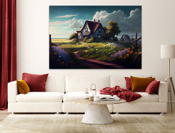 Tranquil Countryside: A Serene Airbrush Print of a Beautiful Village Scenic View