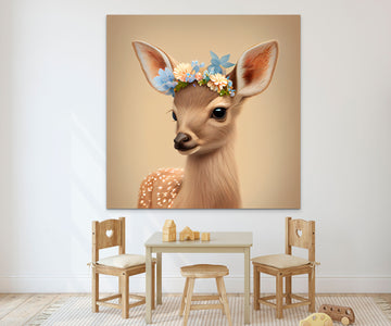Airbrush Art Print of Beige Baby Deer with Blue Eyes and Flower Crown on Beige Background