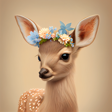 Airbrush Art Print of Beige Baby Deer with Blue Eyes and Flower Crown on Beige Background