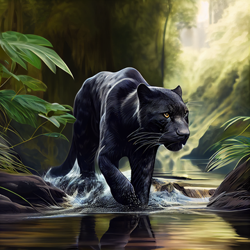 Wild Majesty: A Stunning Airbrush Print of a Black Panther Wading through the Jungle River