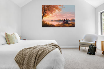 Riverside Romance: A Stunning Airbrush Print of a Couple Embraced by Nature's Beauty at Sunrise