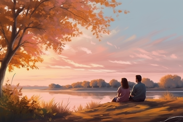Riverside Romance: A Stunning Airbrush Print of a Couple Embraced by Nature's Beauty at Sunrise