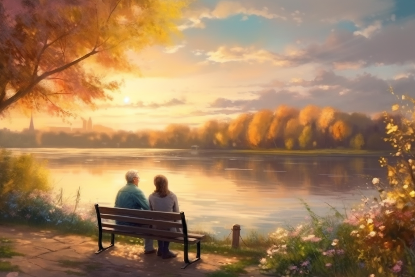 Tranquility at Sunrise: An Airbrush Print of an Old Couple by the Riverside