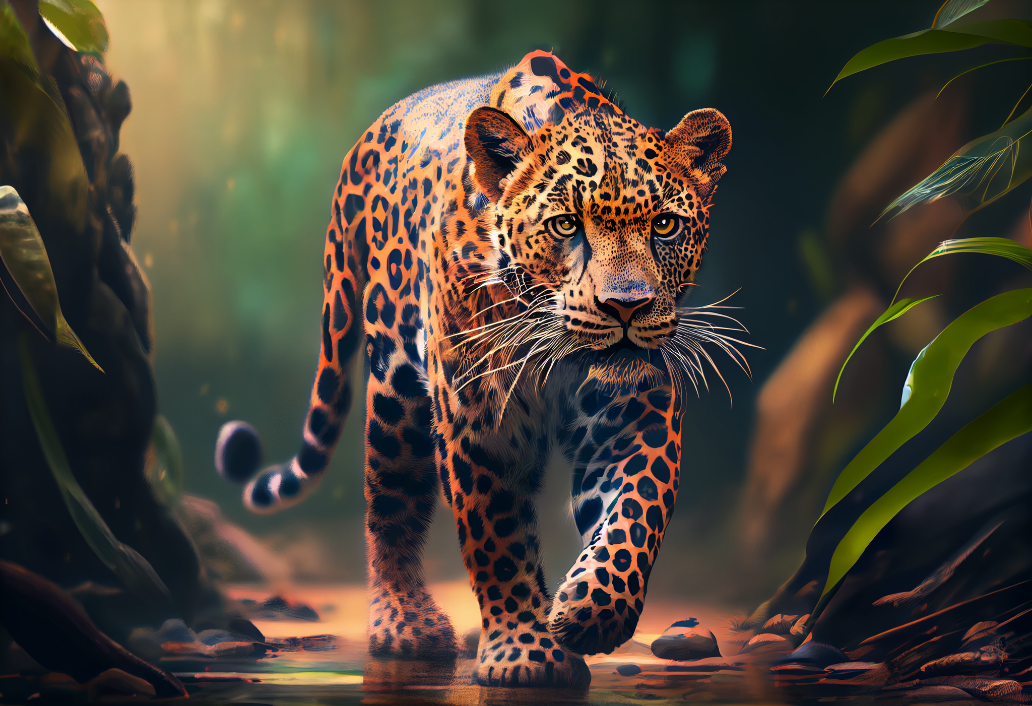 Jungle Royalty: A Stunning Airbrushed Print of a Majestic Leopard in its Natural Habitat
