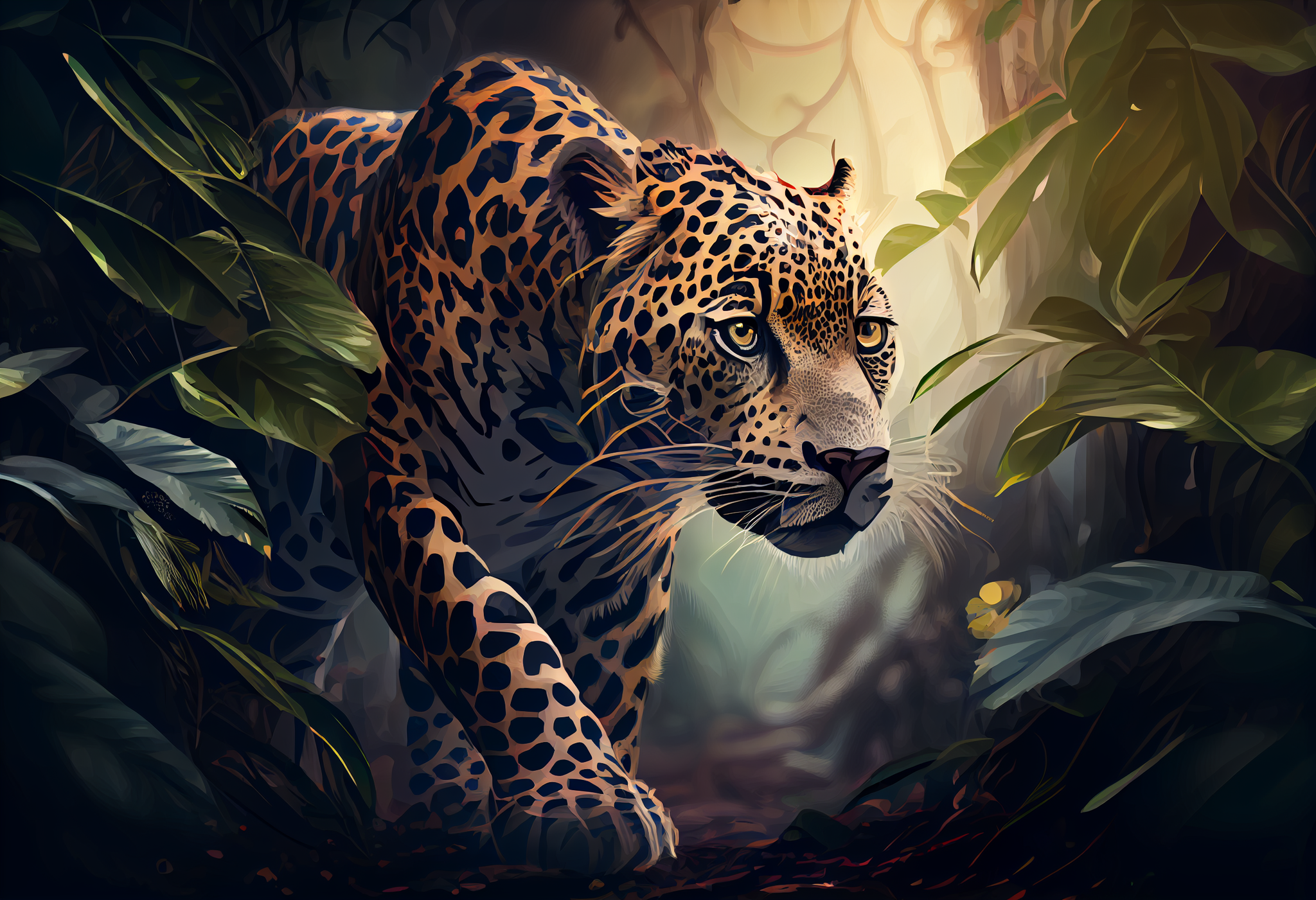 A Stunning Airbrush Print of a Curious Leopard Peeking into the Jungle