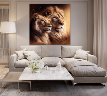 Wild Love: A Captivating Airbrush Print of a Lion and Lioness