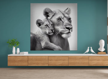 Love in Monochrome: Stunning Airbrushed Print of a Lioness and Her Cub
