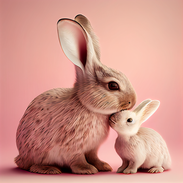 Sweet and Tender Love: Airbrush Art Print of Mother and Baby Bunny on Light Pink Background
