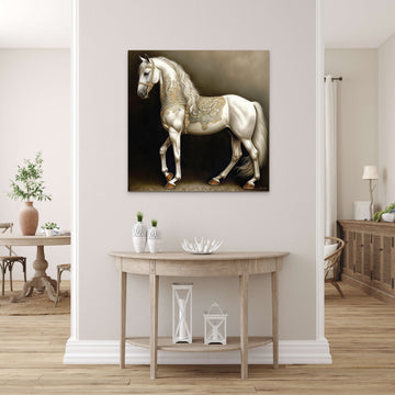 A Breathtaking Airbrush Color Print of a Royal Mughal White Horse in Majestic Pose