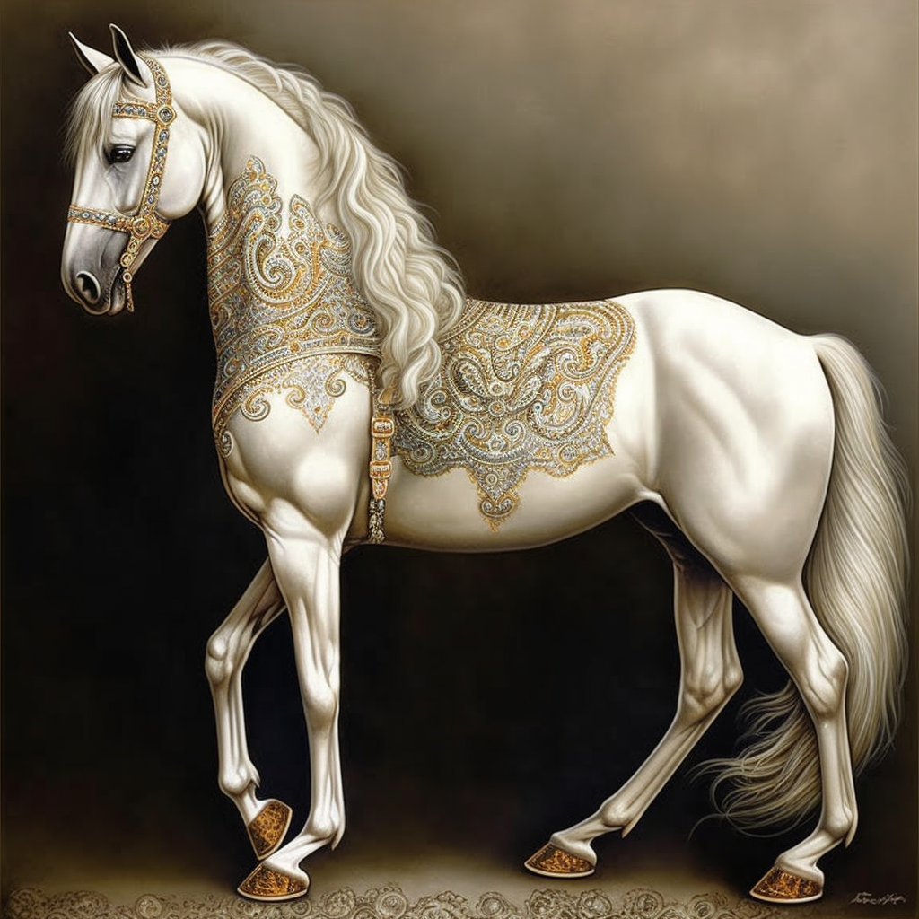 A Breathtaking Airbrush Color Print of a Royal Mughal White Horse in Majestic Pose